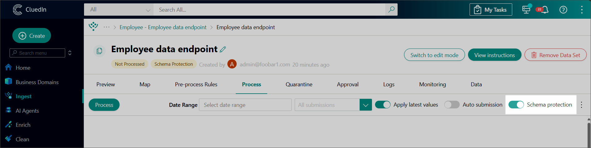 The Process tab of an ingestion endpoint data set, with the Schema protection toggle turned on and highlighted